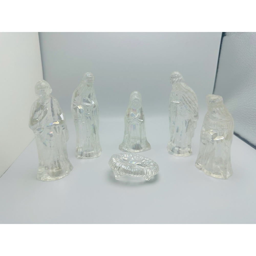 Vtg St Nicholas Square Clear Glass Christmas Nativity Scene w Box (6 Pieces)